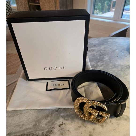 Gucci Black Leather Belt With Double G Marmont Snakeskin Gold Buckle & Box Size - Picture 7 of 10